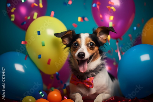 dog celebrate birthday with balloons