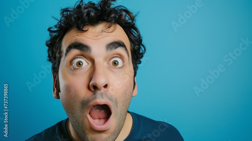 A man with an astonished expression, his eyes wide open and mouth agape, against a vibrant blue background. Perfect for capturing shock, surprise, disbelief, or unexpected moments. Expressiv