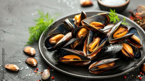 A tantalizing mound of succulent mussels, expertly garnished with fragrant herbs, sits invitingly on a sophisticated dark plate. A seafood lover's dream!