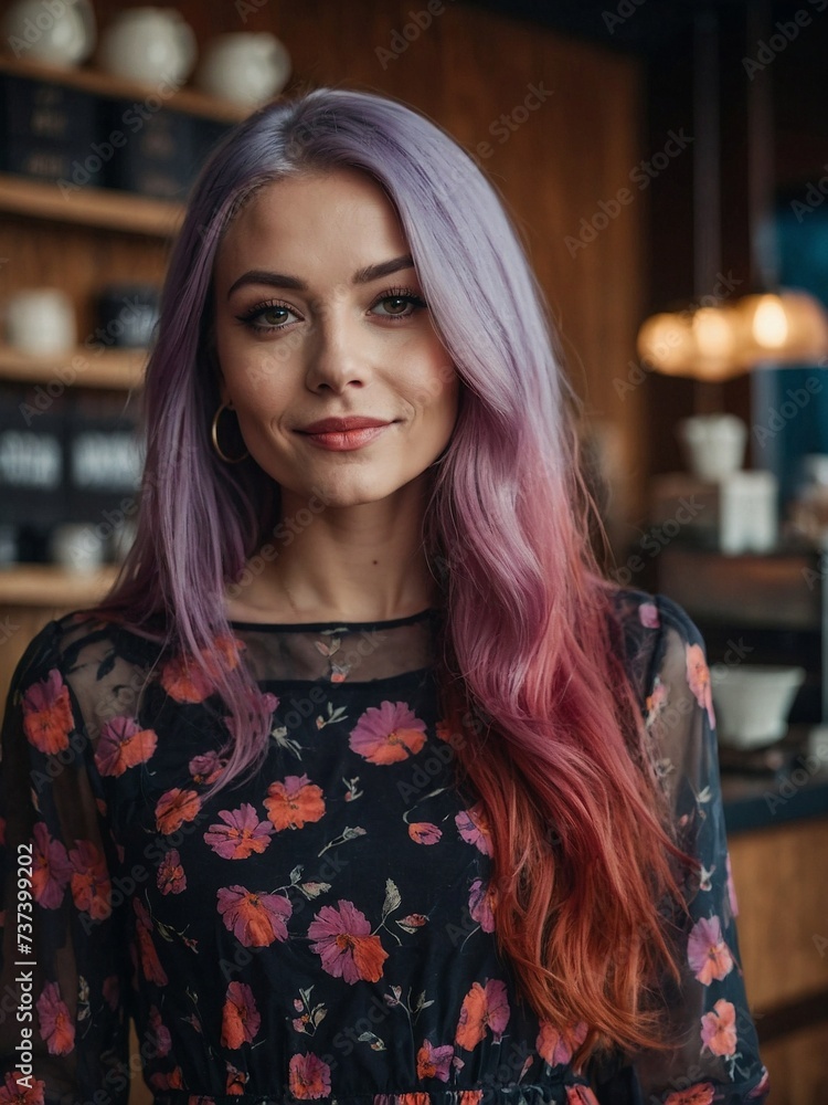 A portrait of a woman with purple hair and flowers dress in cafe