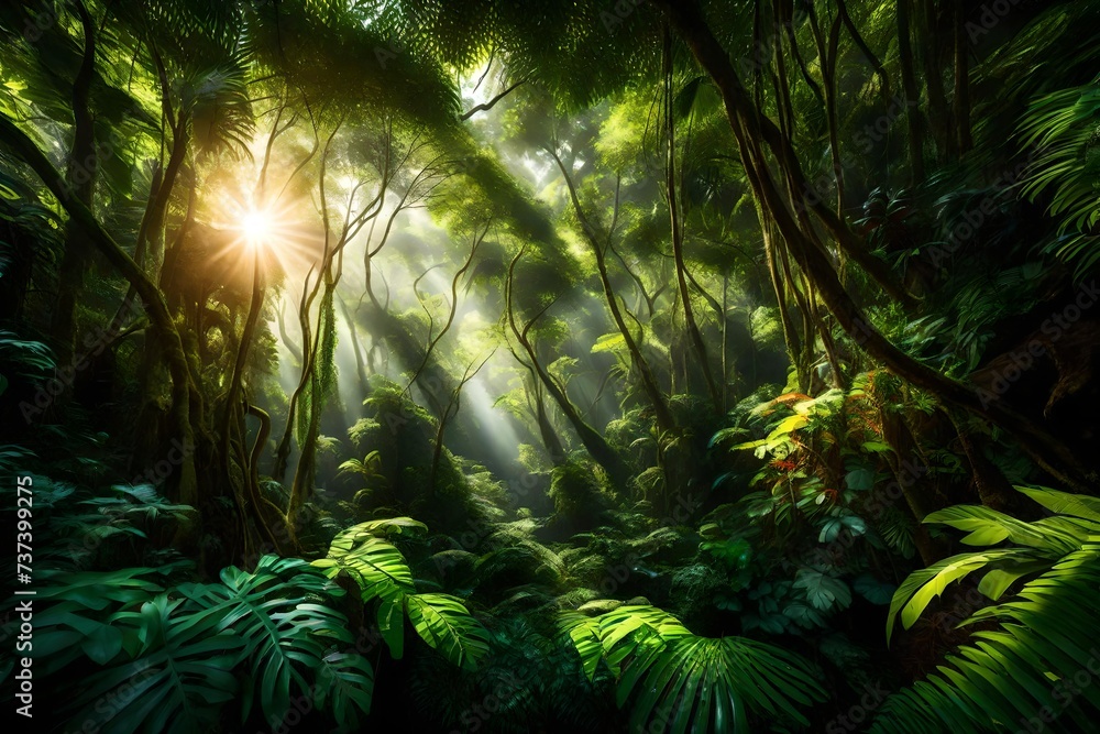 A lush, tropical rainforest with sunlight filtering through the dense canopy.