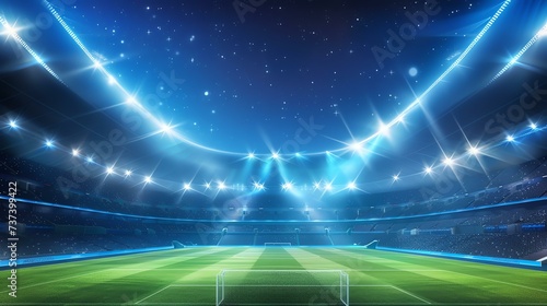 A mesmerizing soccer stadium illuminated by vibrant lights  casting a magical glow under the night sky  creating an atmosphere of excitement and anticipation. The scene captures the electric