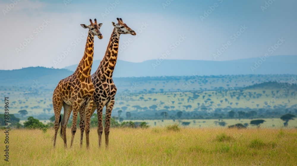 Obraz premium a couple of giraffe standing next to each other on a lush green field with mountains in the background.