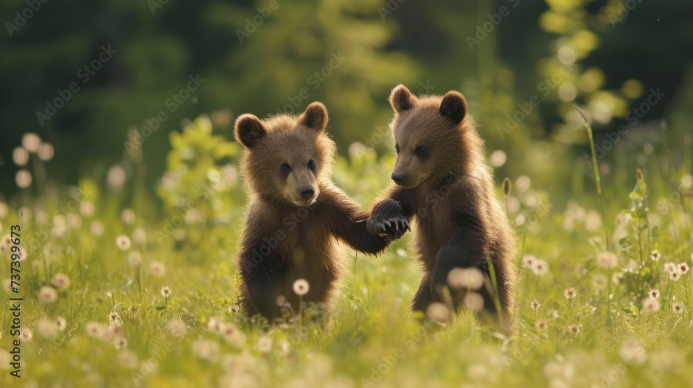 Fototapeta premium two small brown bears standing next to each other in a field of grass and wildflowers with trees in the background.