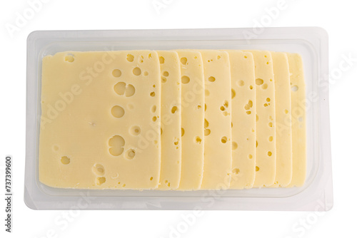 sliced cheese in plastic package isolated on white