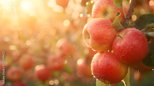 A tree branch with several apples, some of which are bright red. The background is a blur of bright lights