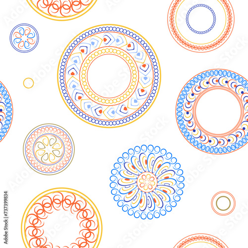 Circular patterns. Bright seamless rattern. Design of fabric, wallpaper, wrapping paper. Vector