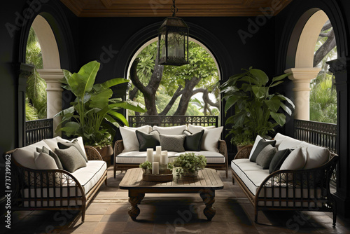 Envision a serene outdoor patio adorned with ebony and ivory furnishings, showcasing the simplicity and sophistication of monochromatic beauty.