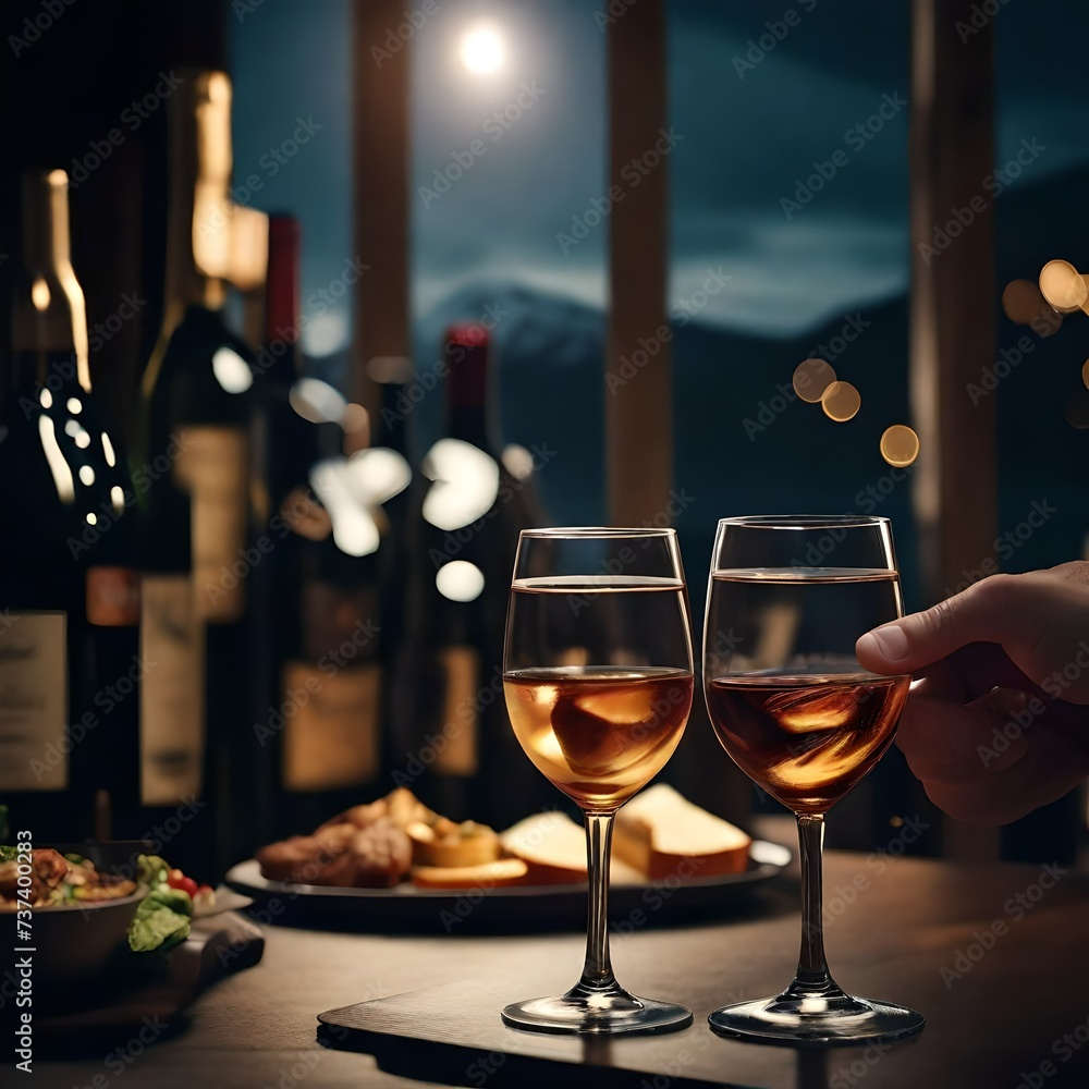 making a toast close up, wine glasses, Italian restaurant in Norway background, at night, cinematic style, 