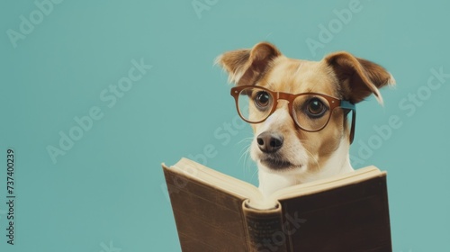 dog with glasses reading a book on a light blue background 