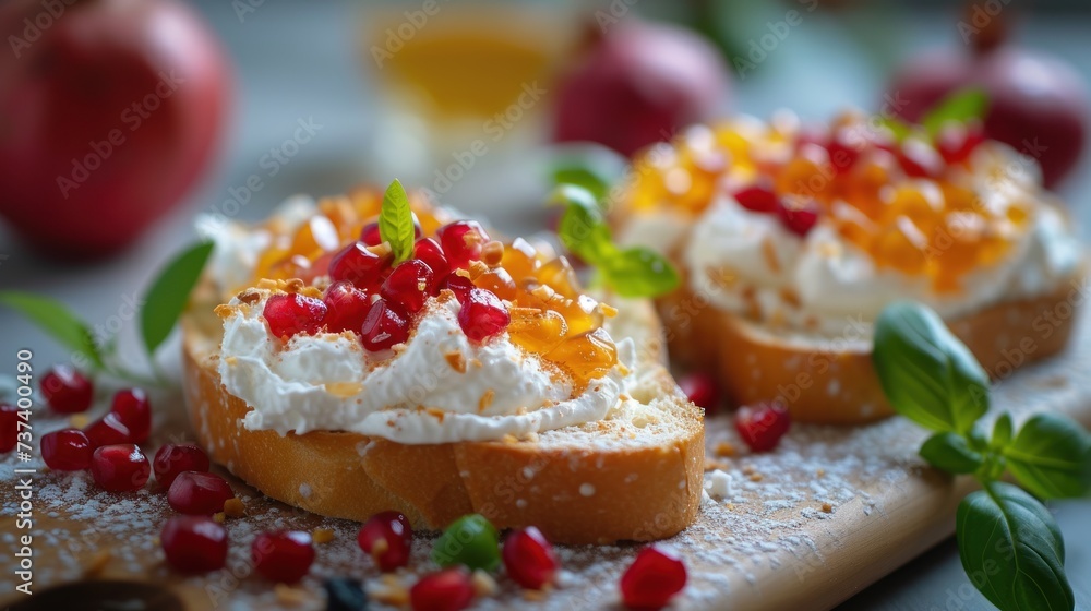 a close up of a piece of bread with cream and pomegranates on a wooden cutting board. a close up of a piece of bread with cream and pomegranates on a wooden cutting board.