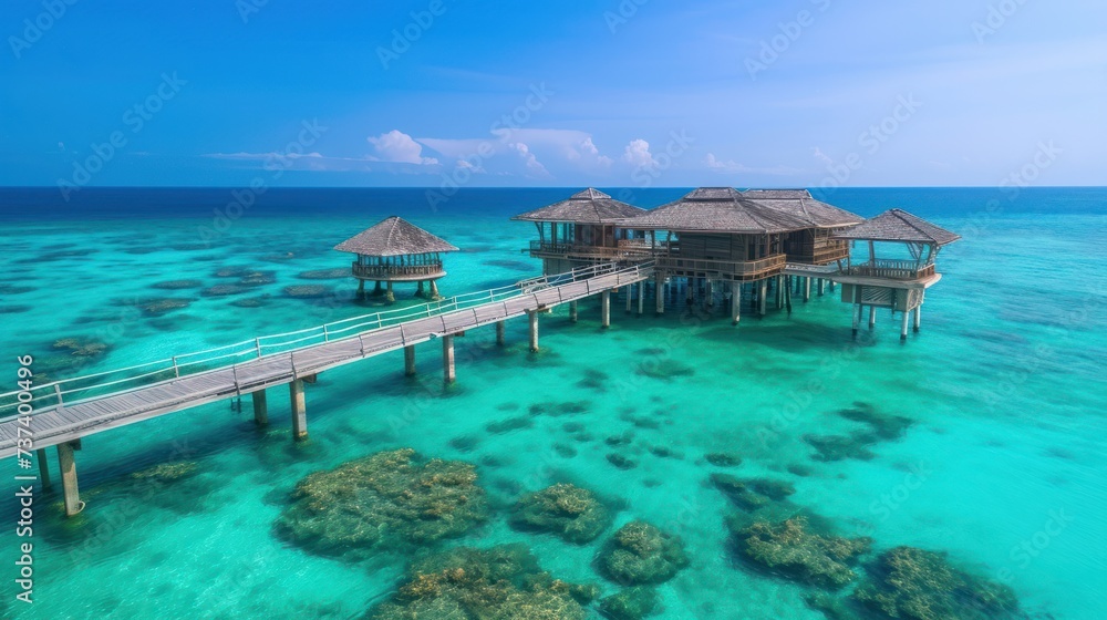 an aerial view of a pier with a couple of huts on top of it in the middle of the ocean.