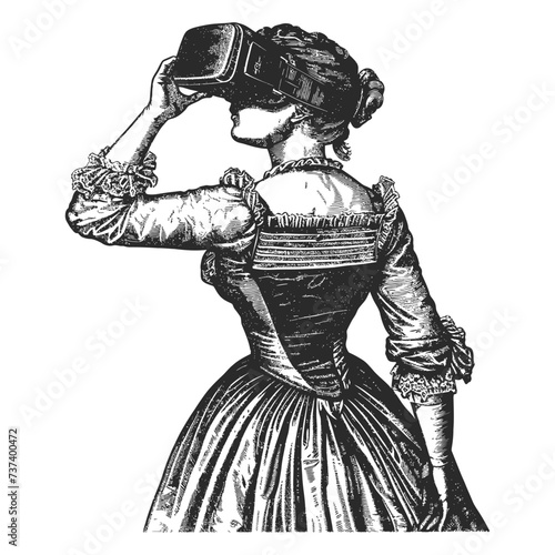 woman playing virtual reality headset in old engraving style art