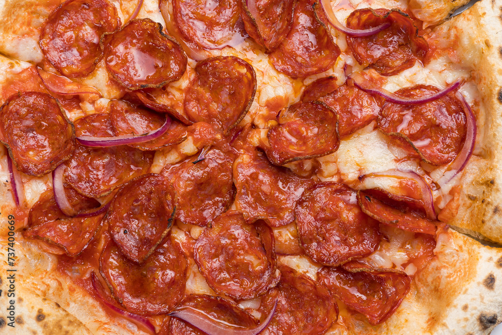 Pizza with salami and mozzarella cheese Pizza with salami and mozzarella cheese