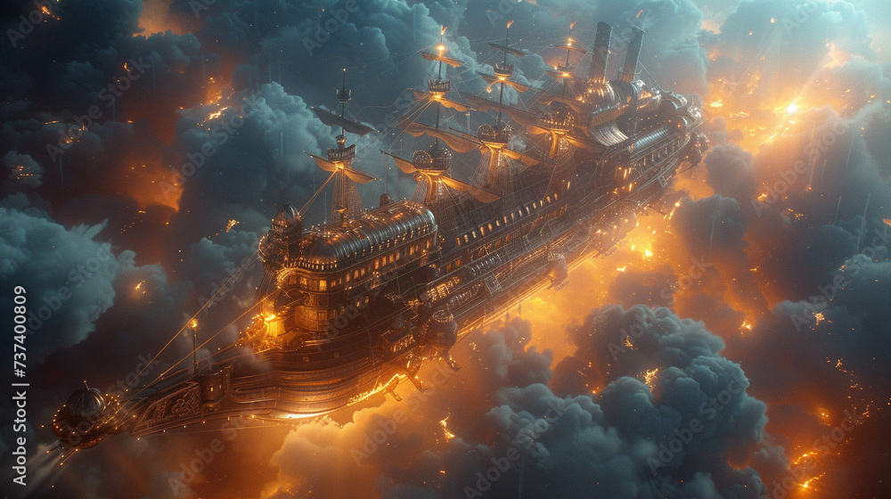 Steampunk airship with neon engines gliding through clouds