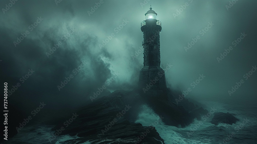 Spiraling steampunk lighthouse with neon beams over rugged coastline