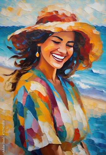 laughing woman, girl walking on the beach, aquacolor portrait of a lady photo