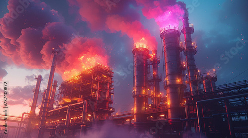 Steampunk factory with neon smoke rising into the sky