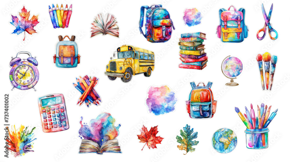 A collection of various patches, labels, tags, stickers, stamps for purchases. A collection of watercolors, a multicolored set on the theme of going back to school, fashionable promo labels.