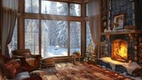 A picturesque winter cabin illuminated by the warm glow of a crackling fireplace, with soft snowflakes falling outside, creating a magical atmosphere of comfort and tranquility.