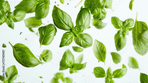 Fresh and vibrant basil leaves with lush greenery showcased against a clean white backdrop, creating an enticing visual feast for food lovers.