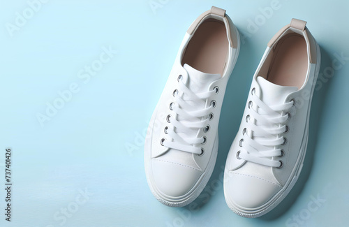 Pair of stylish white sneakers on light blue background, top view, space free