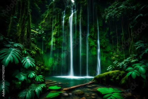 A cascading waterfall hidden within a dense, emerald-green jungle.