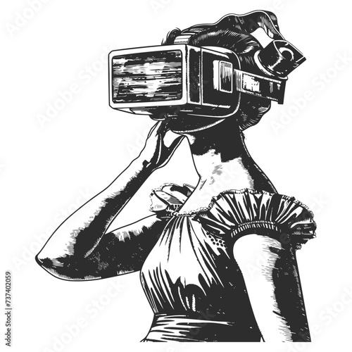 woman playing virtual reality headset in old engraving style art