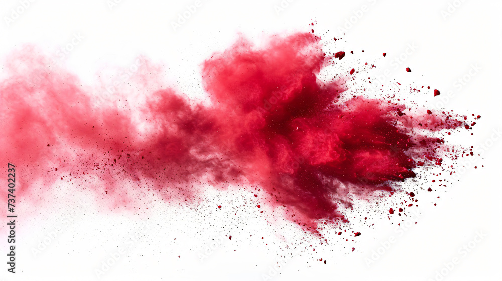 Fiery red powder explodes in a captivating display against a pristine white backdrop, captivating viewers with its vibrant energy and dynamic motion. This stunning high-speed photograph capt