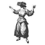 woman playing virtual reality headset in old engraving style art