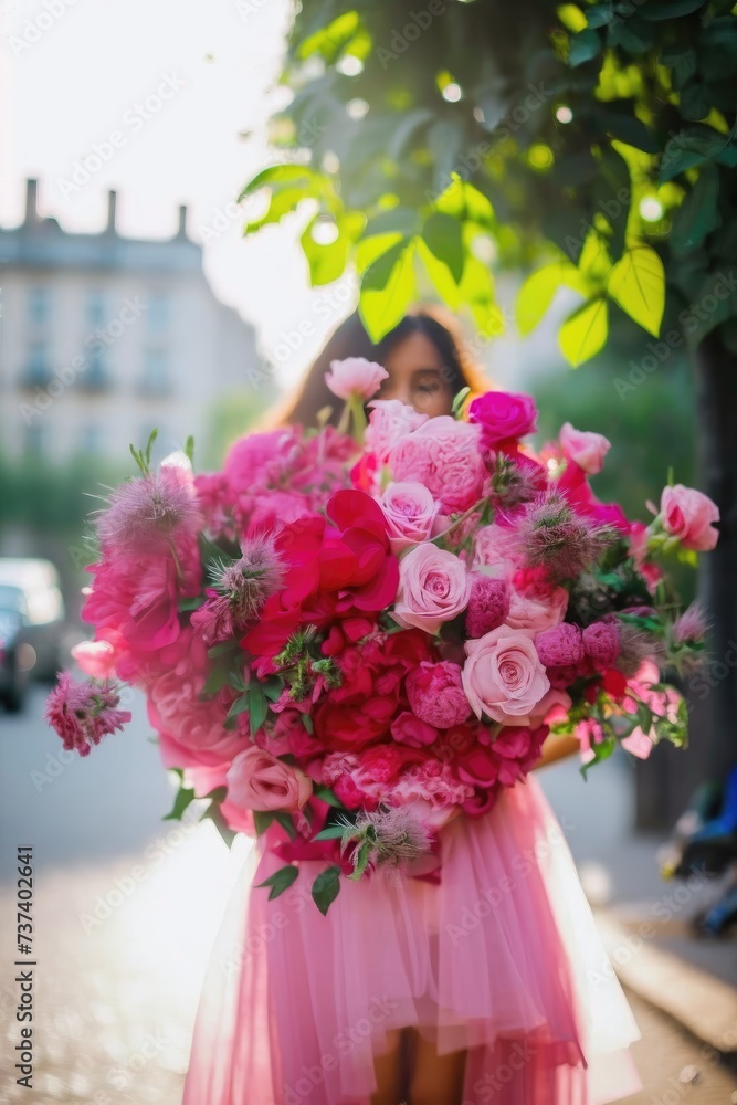 Fototapeta premium A woman is holding a bouquet. Girl with flowers. Generative Ai.