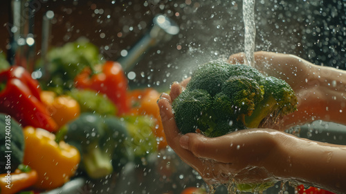 pair of hands washing a broccoli head with a vigorous splash of water