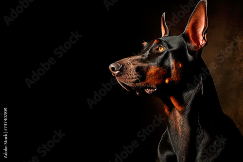 Doberman close-up on a black brick wall background, portrait in profile, copy space