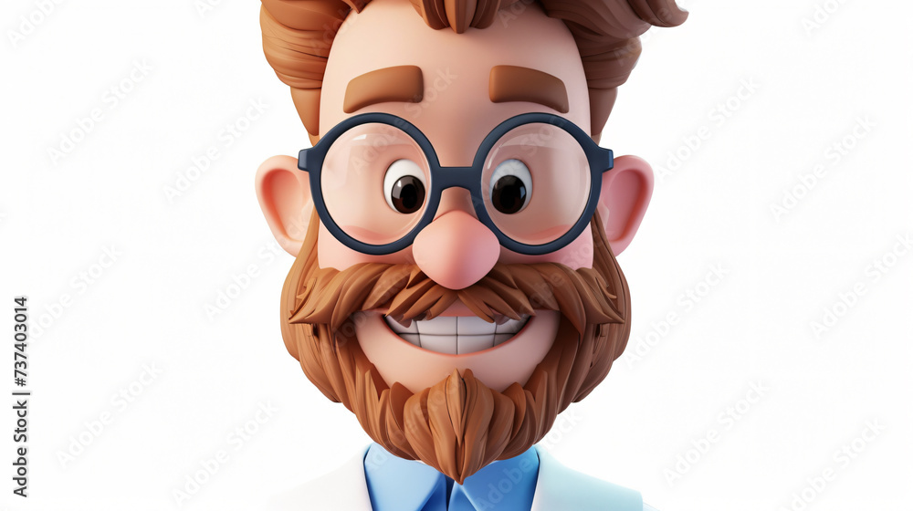 A charming and cheerful 3D illustration captures a close-up portrait of a beaming scientist. With an infectious smile and twinkling eyes, this scientist exudes knowledge and enthusiasm for d