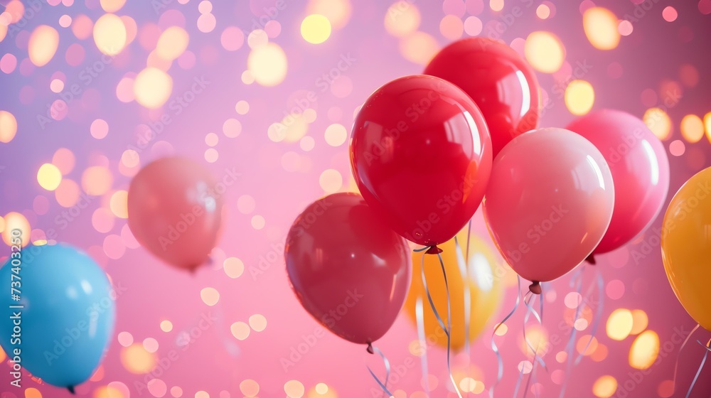 Vibrant balloons pop against a dreamy pink backdrop adorned with sparkling lights, creating a whimsical and magical atmosphere. Get ready to celebrate in style!
