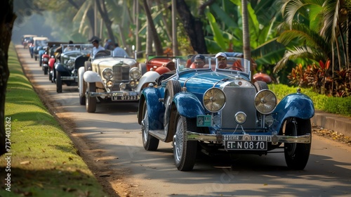 A magnificent vintage car rally showcasing classic models exuding elegance and preserved in impeccable condition. Witness these automotive gems in all their glory, as they take the road in a © stocker