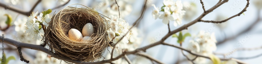 A serene image of a well-camouflaged nest with small eggs, cradled in the branches of a tree bursting with white blossoms, under the clear, bright sky of early spring. A serene image of a well-camouflaged nest with small eggs, cradled in the branches of a tree bursting with white blossoms, under the clear, bright sky of early spring.