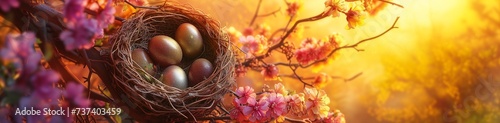 A vibrant, ultra-HD view of a nest containing glossy eggs, surrounded by the rich colors of a flowering tree, with the golden hues of sunset creating a magical backdrop.