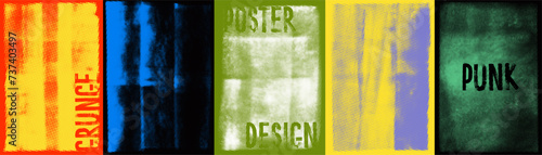 Grunge colorful poster collection with halftone texture and typography text. photo