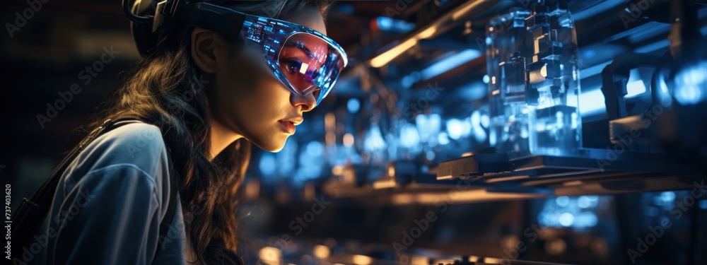 woman in virtual glasses. science , new future technology, futuristic and technology concept. banner