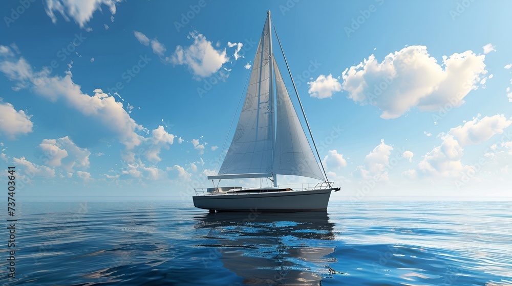 A sailboat floating alone in the vast ocean, quiet and calm, relaxing and peaceful, traveling-related, holiday and weekend, adventure-related