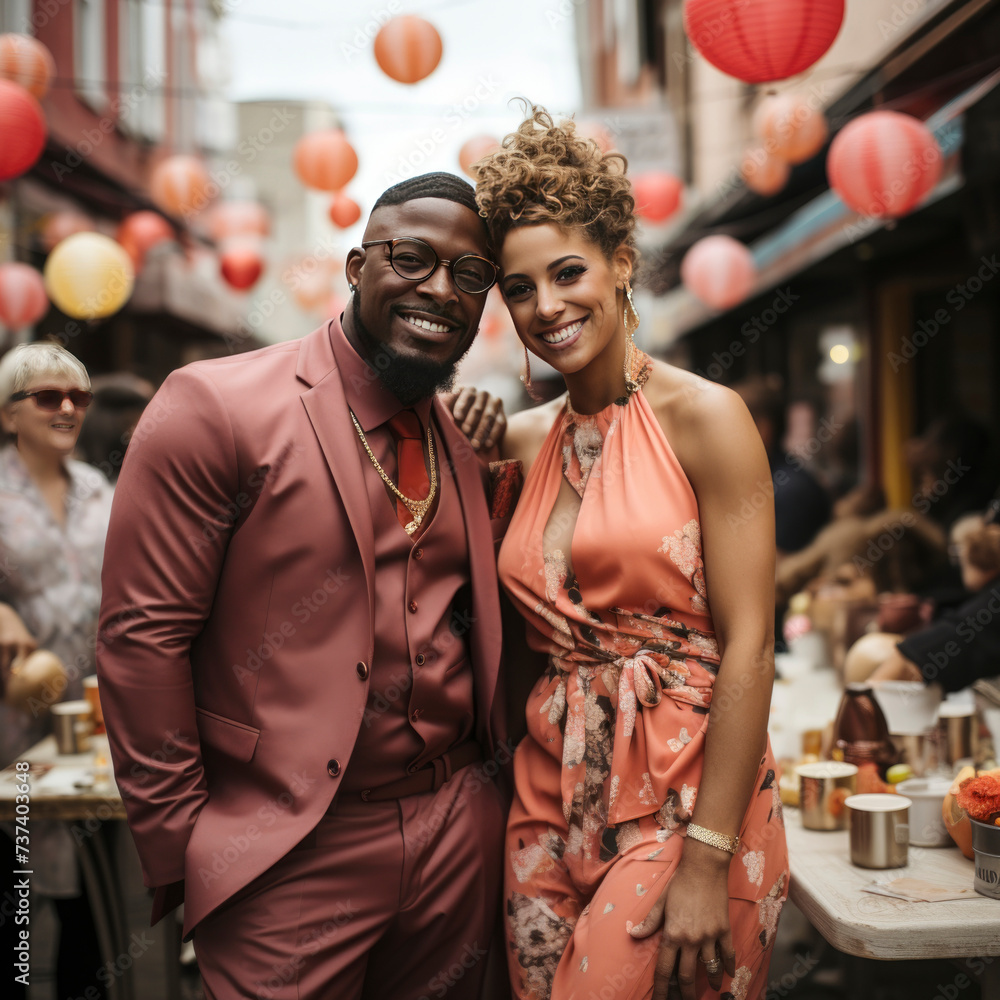 Obraz premium young happy couple at wedding party on the street. square 