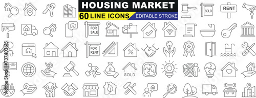 housing market icon set. Symbols for real estate, rent, sale, property investment. SEO-friendly vector graphics for web, app design