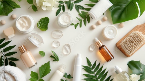 a table topped with lots of different types of skin care products and green leaves on top of a white surface.