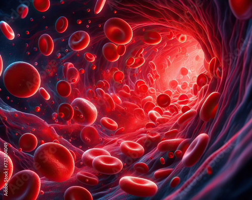 Red blood cells at the microscopic level. The red blood cells are bright red in color and vary in shape and size. Generative AI.