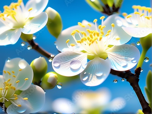 Blooming spring flowers on tree branch close up photography	 photo