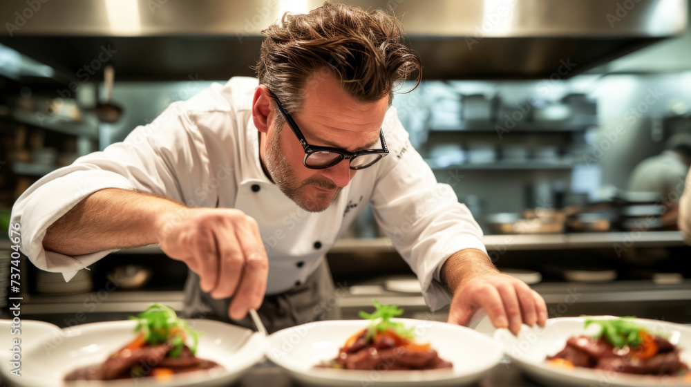 A focused chef in a professional kitchen is meticulously garnishing a dish, ensuring each element is perfectly placed for service. A focused chef in a professional kitchen is meticulously garnishing a dish, ensuring each element is perfectly placed for service.
