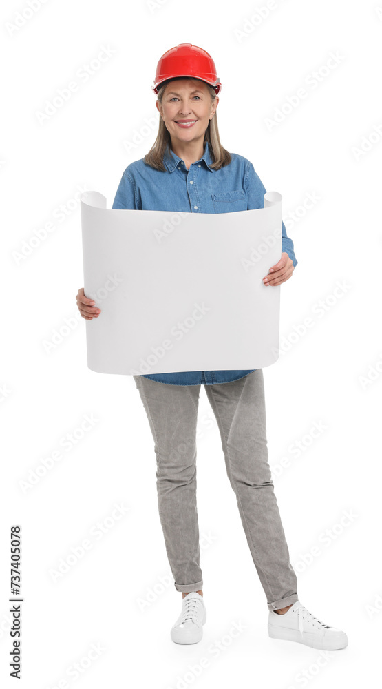 Architect in hard hat with draft on white background Architect in hard hat with draft on white background