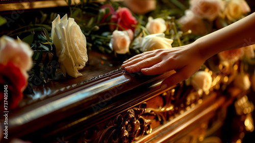 Widow laying flowers on coffin close-up