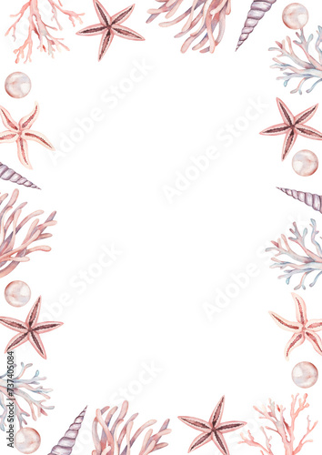 Frame with watercolor marine elements of seashells, corals and starfishes in pink and purple tones. Great for cards, posters, coupons, baby products, decorative paper, and any design.